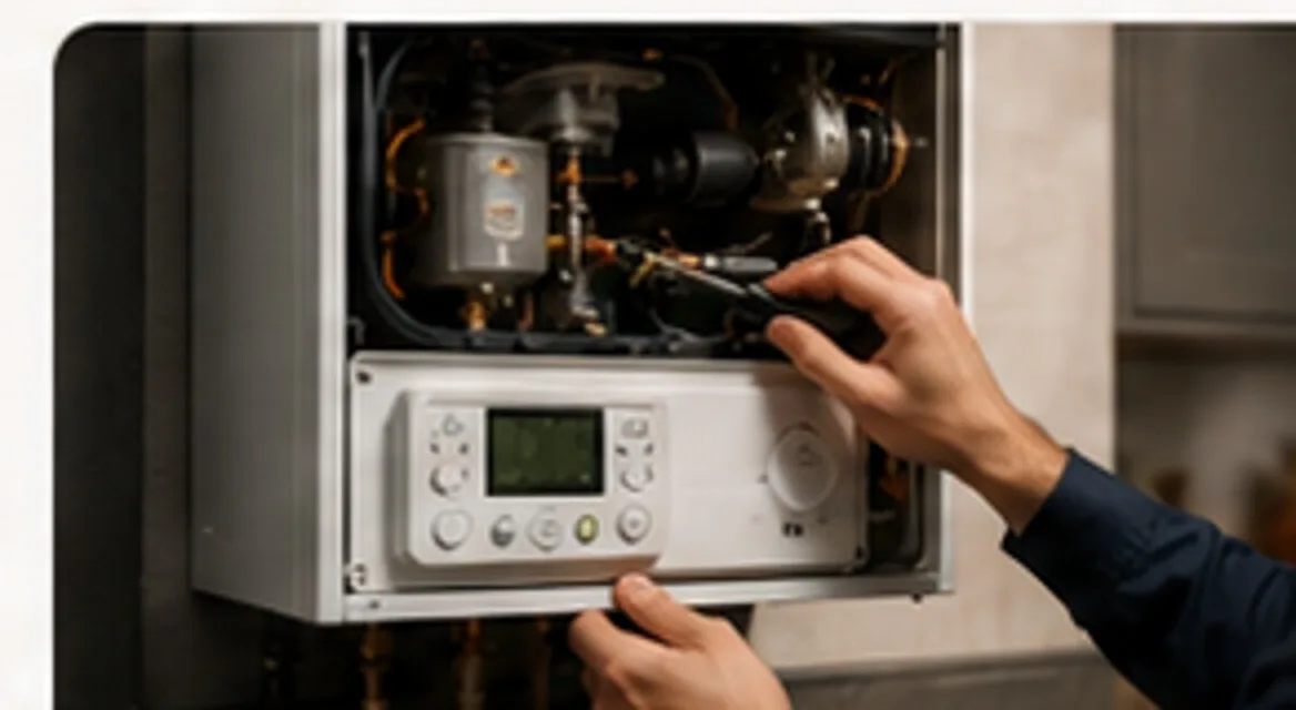 Engineer inspecting the internal components of a boiler