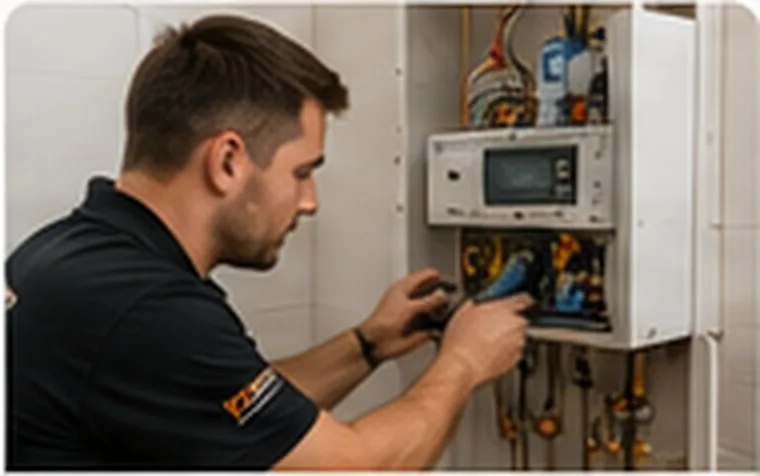 Tradesperson inspecting heating equipment